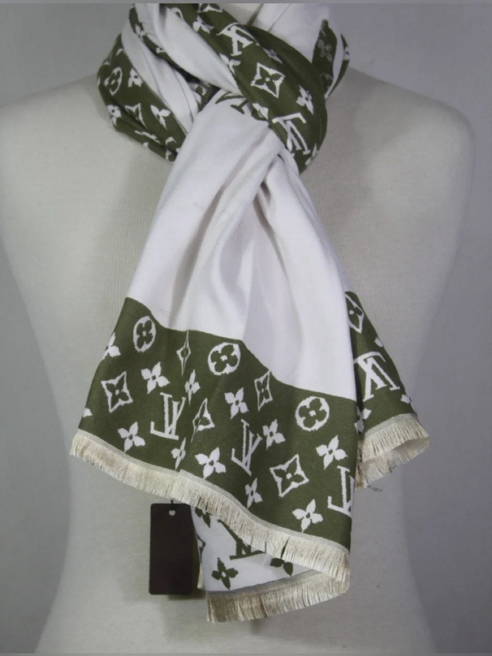 Louis Vuitton Olive Green and White Monogram Shawl Wrap